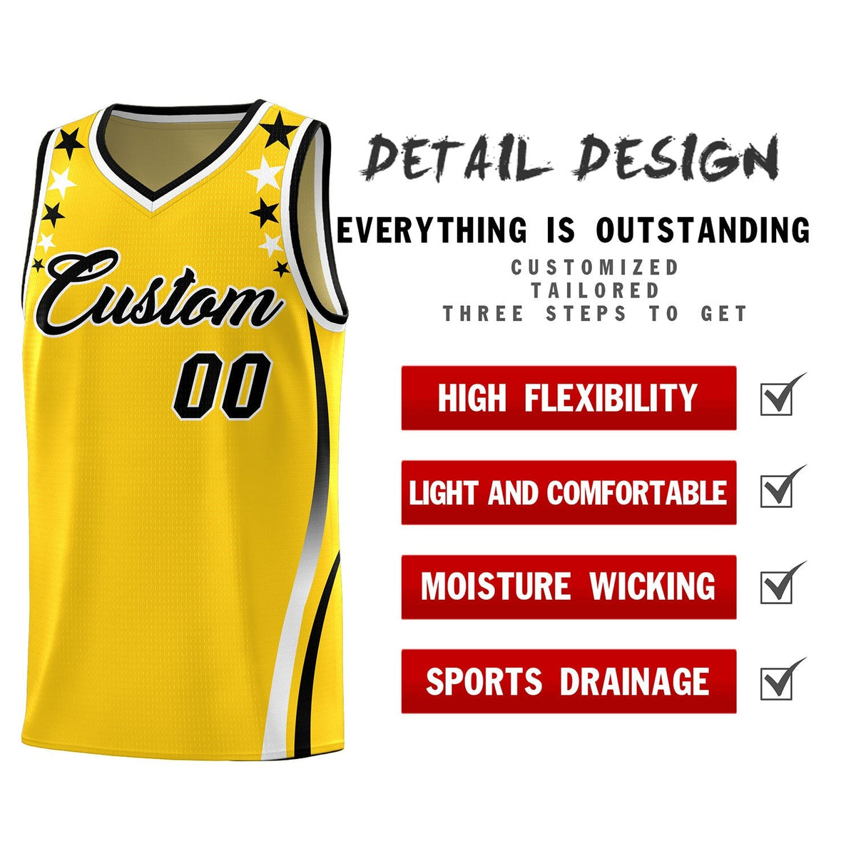 Custom Gold Shoulders Star Pattern Side Color Block Sports Uniform Basketball Jersey|KXKSHOP