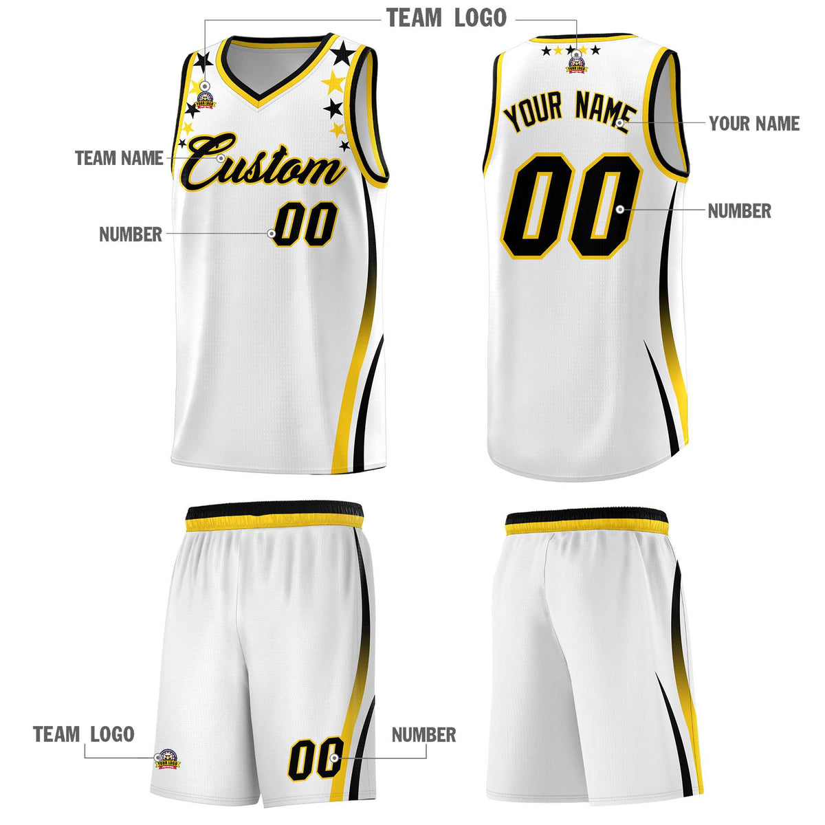Custom White Shoulders Star Pattern Side Color Block Sports Uniform Basketball Jersey|KXKSHOP