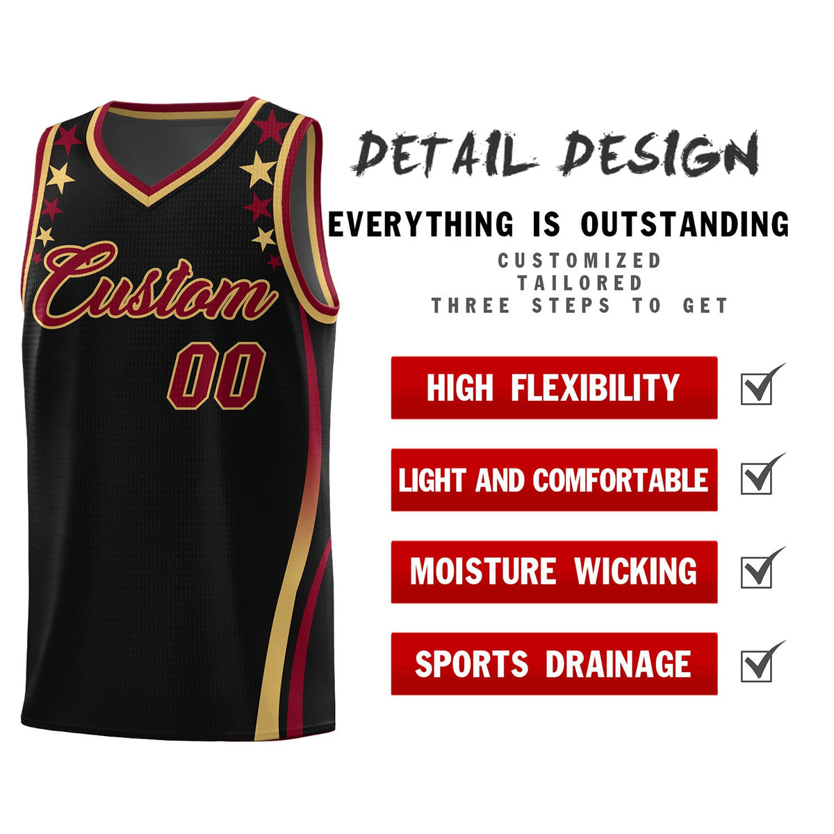 Custom Black Shoulders Star Pattern Side Color Block Sports Uniform Basketball Jersey|KXKSHOP