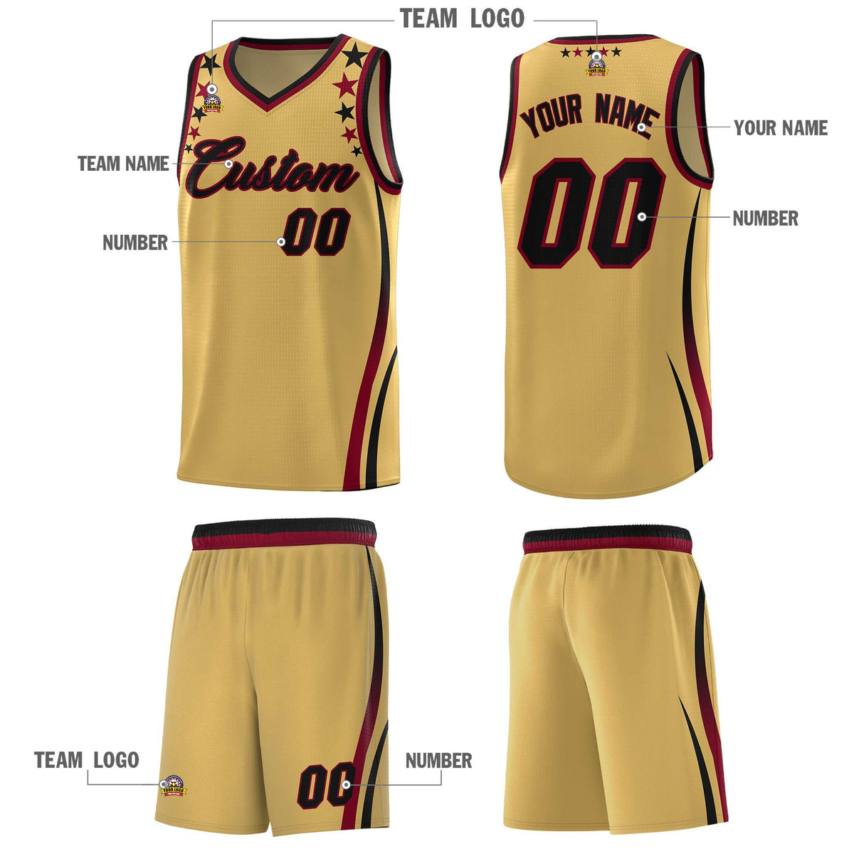 Custom Old Gold Shoulders Star Pattern Side Color Block Sports Uniform Basketball Jersey|KXKSHOP