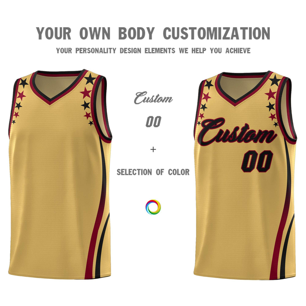 Custom Old Gold Shoulders Star Pattern Side Color Block Sports Uniform Basketball Jersey|KXKSHOP