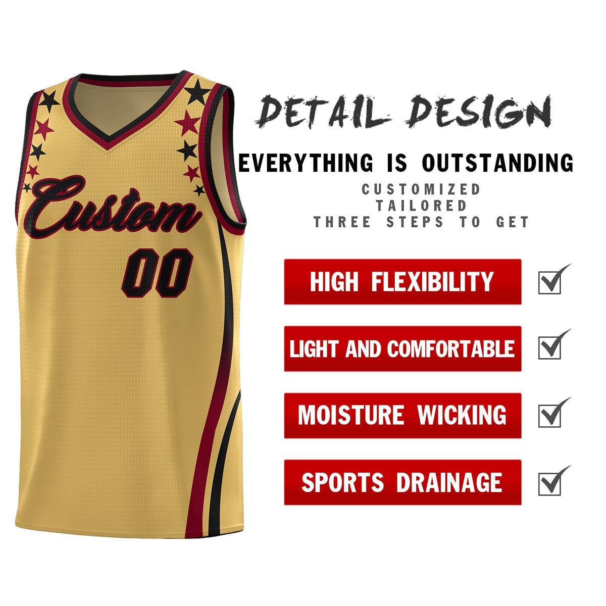 Custom Old Gold Shoulders Star Pattern Side Color Block Sports Uniform Basketball Jersey|KXKSHOP