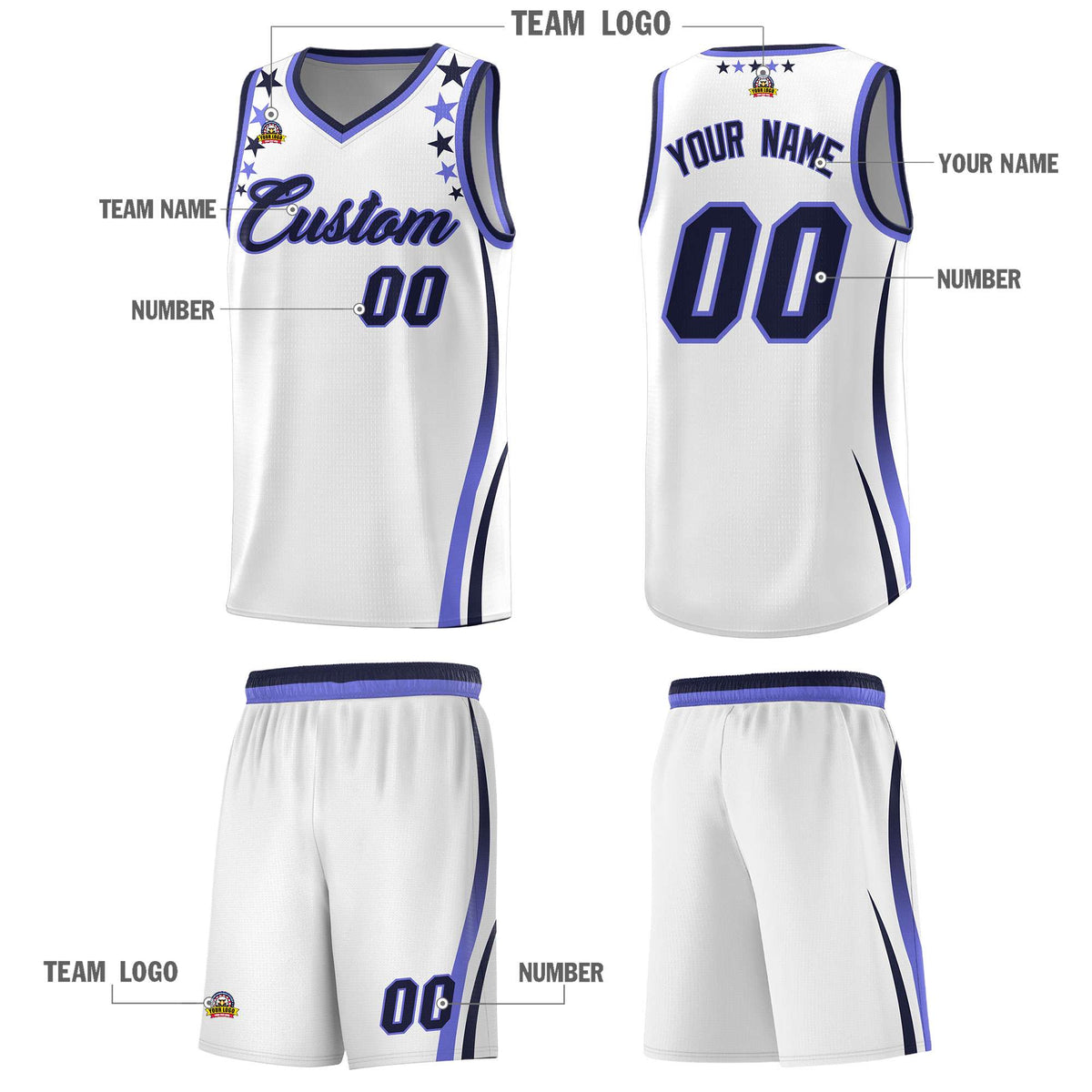 Custom White Shoulders Star Pattern Side Color Block Sports Uniform Basketball Jersey|KXKSHOP