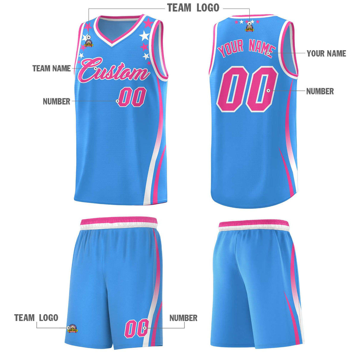 Custom Light Blue Shoulders Star Pattern Side Color Block Sports Uniform Basketball Jersey|KXKSHOP