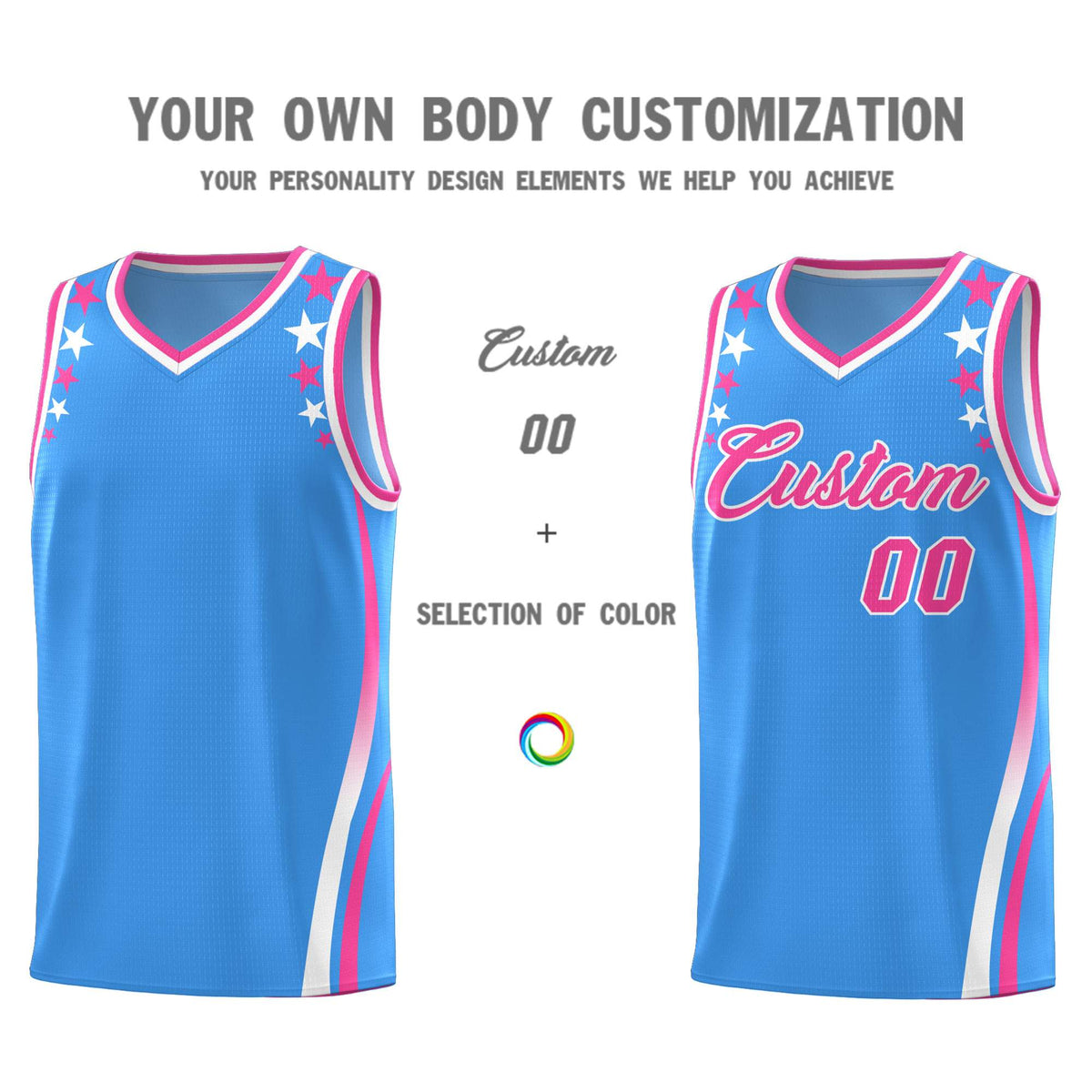Custom Light Blue Shoulders Star Pattern Side Color Block Sports Uniform Basketball Jersey|KXKSHOP