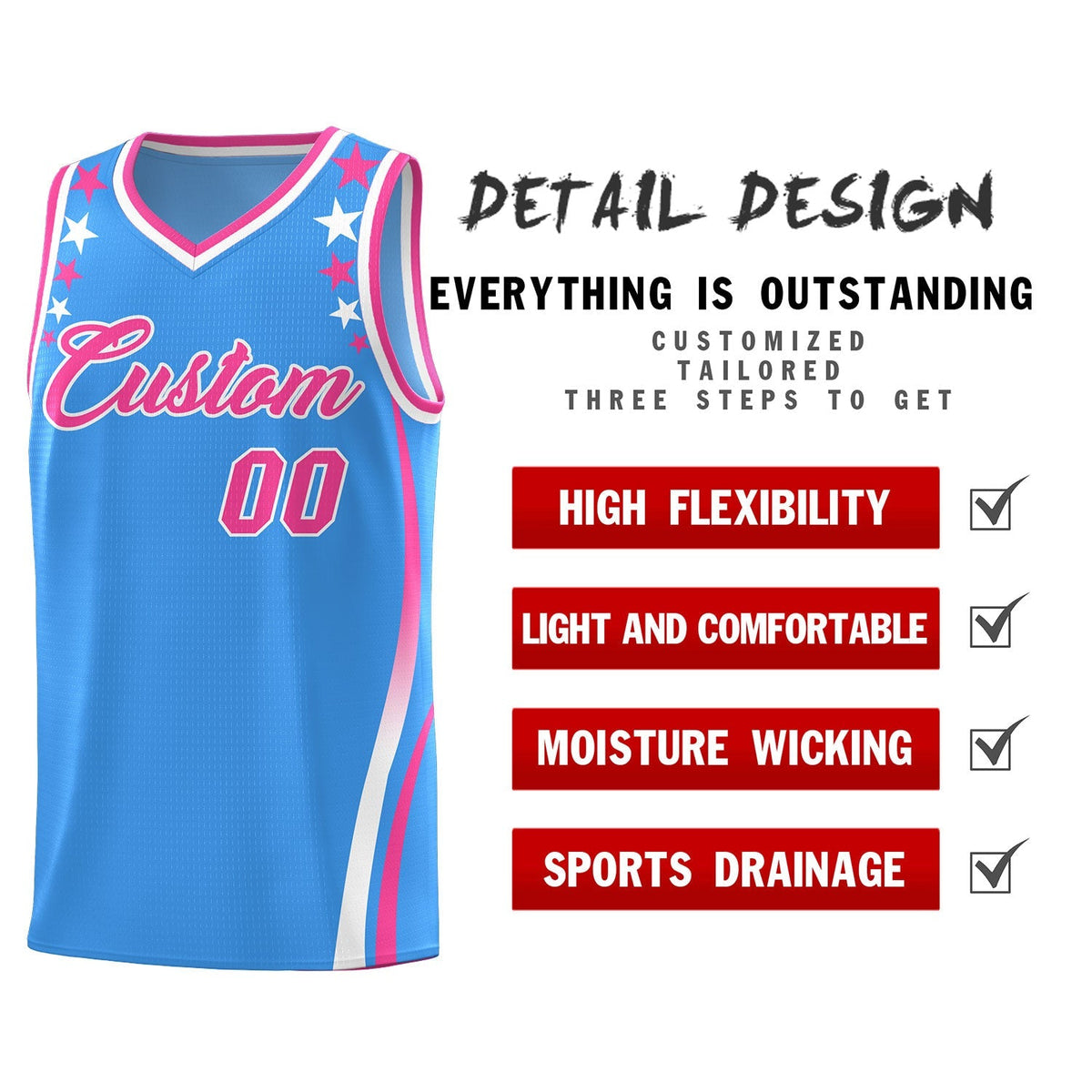Custom Light Blue Shoulders Star Pattern Side Color Block Sports Uniform Basketball Jersey|KXKSHOP