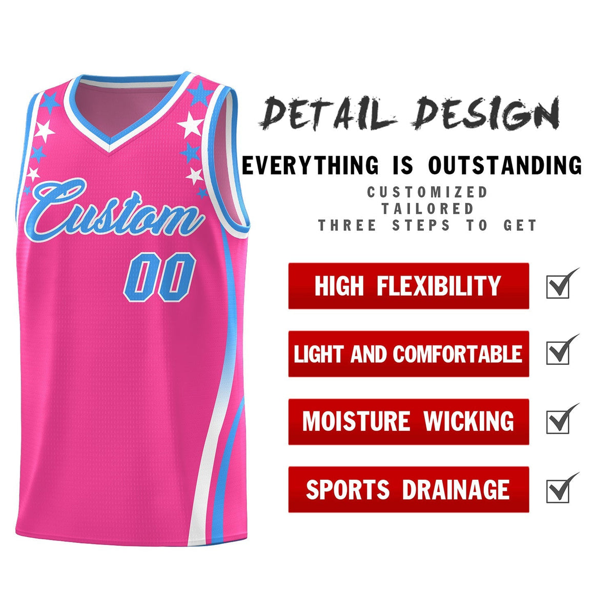 Custom Pink Shoulders Star Pattern Side Color Block Sports Uniform Basketball Jersey|KXKSHOP