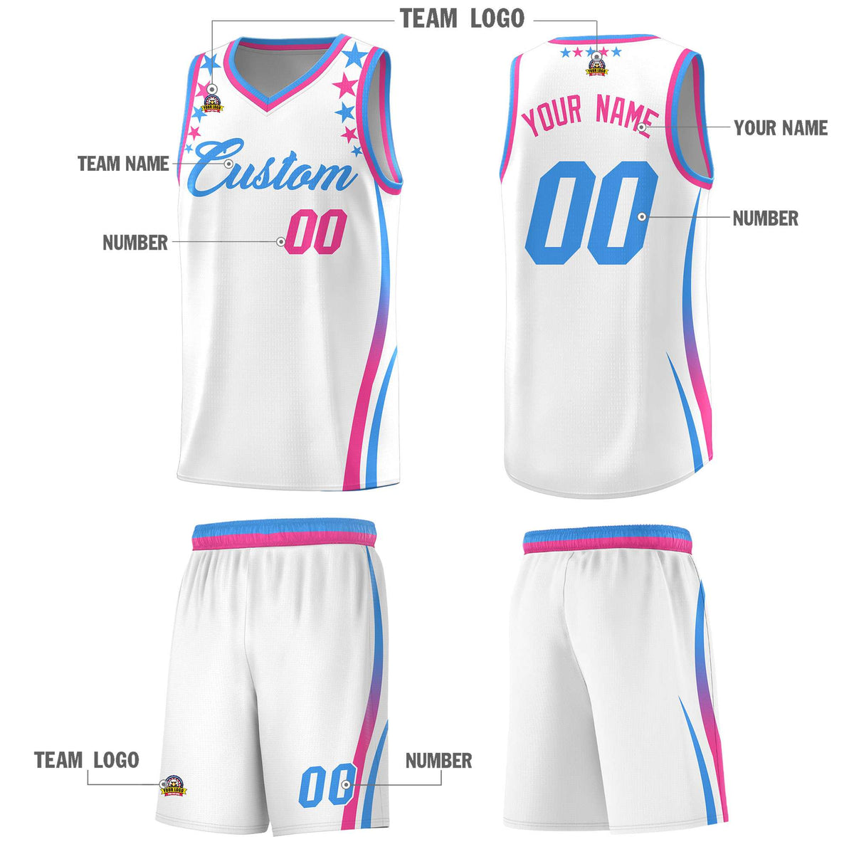 Custom White Shoulders Star Pattern Side Color Block Sports Uniform Basketball Jersey|KXKSHOP
