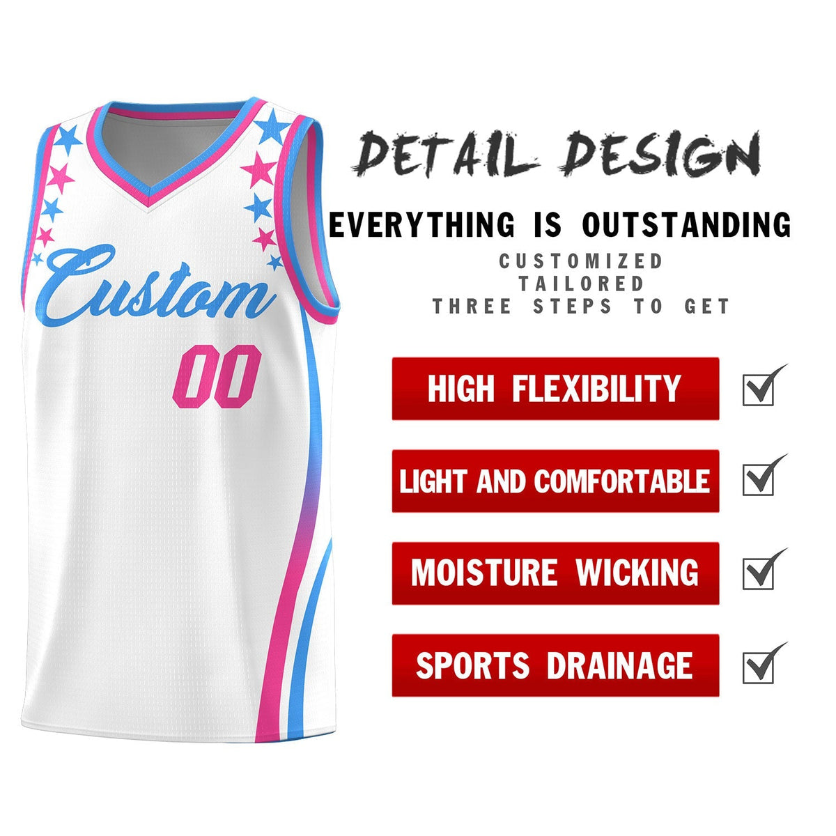 Custom White Shoulders Star Pattern Side Color Block Sports Uniform Basketball Jersey|KXKSHOP