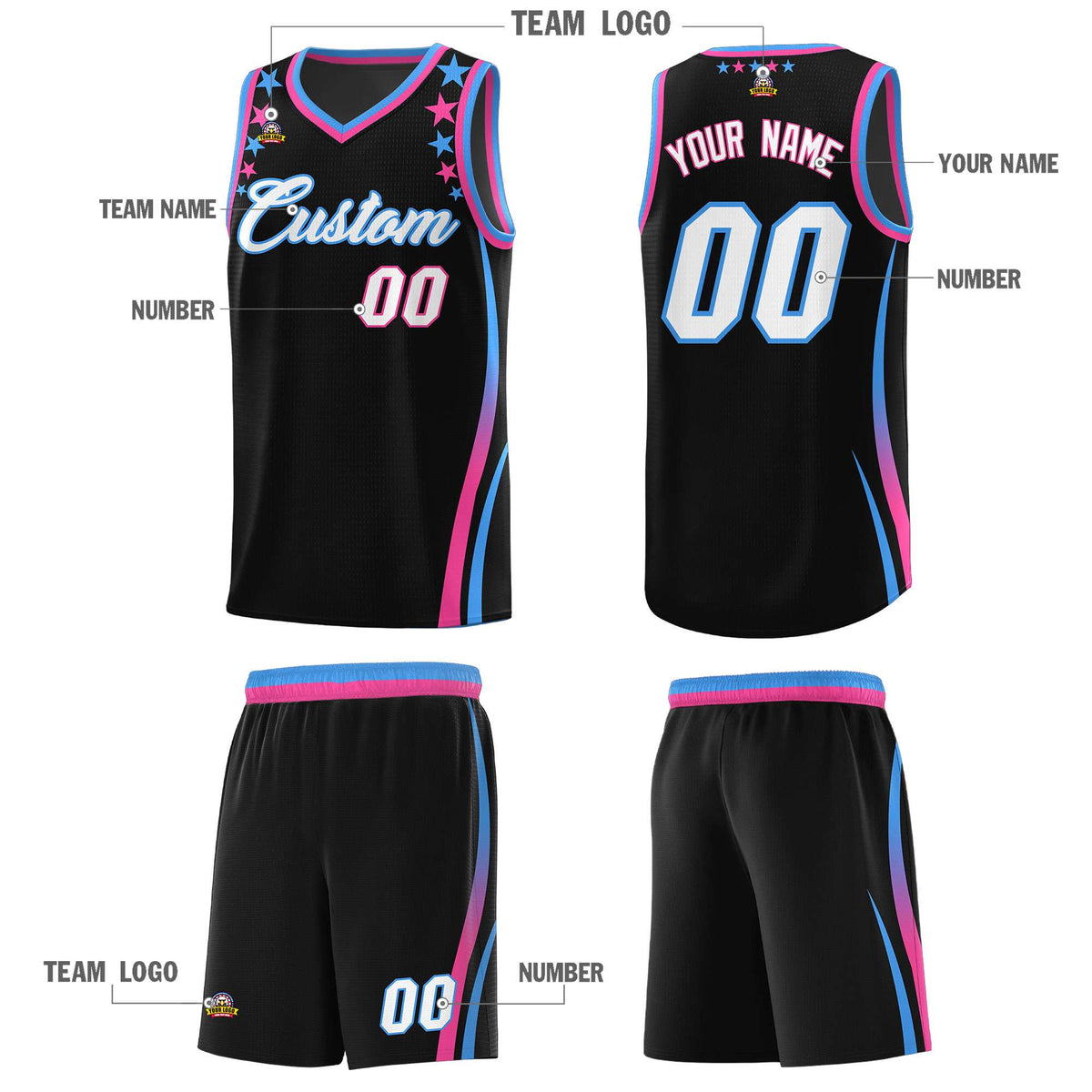 Custom Black Shoulders Star Pattern Side Color Block Sports Uniform Basketball Jersey|KXKSHOP