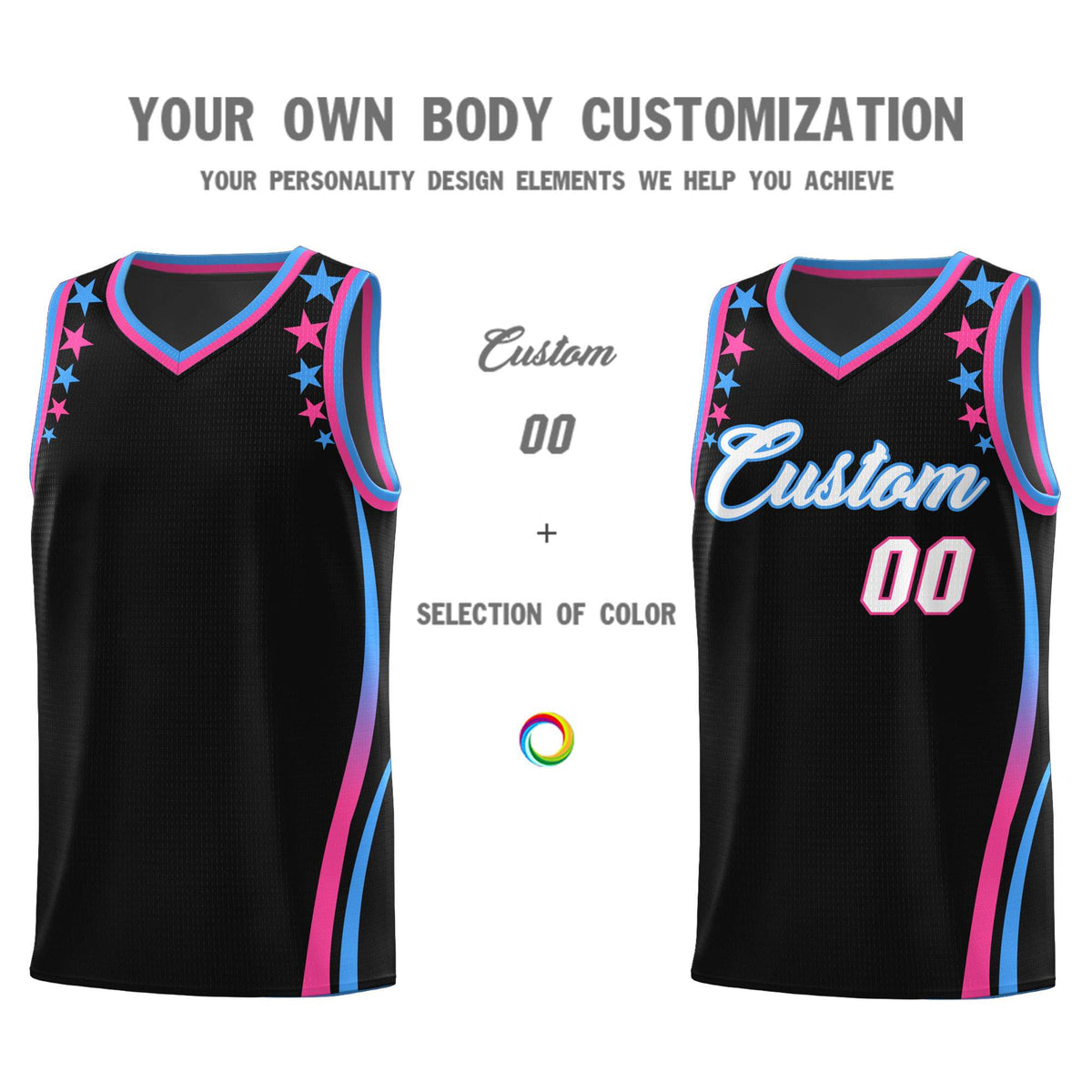 Custom Black Shoulders Star Pattern Side Color Block Sports Uniform Basketball Jersey|KXKSHOP