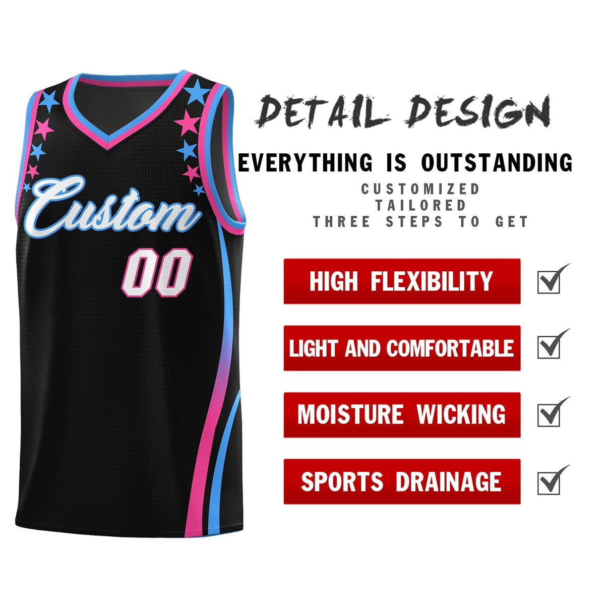 Custom Black Shoulders Star Pattern Side Color Block Sports Uniform Basketball Jersey|KXKSHOP