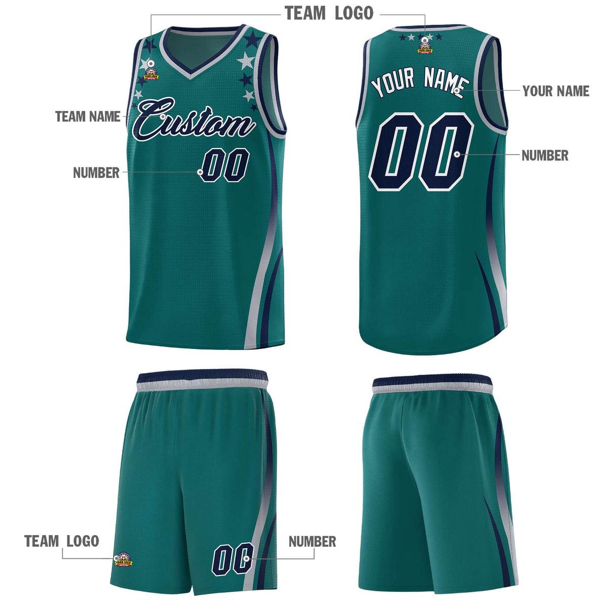 Custom Aqua Shoulders Star Pattern Side Color Block Sports Uniform Basketball Jersey|KXKSHOP