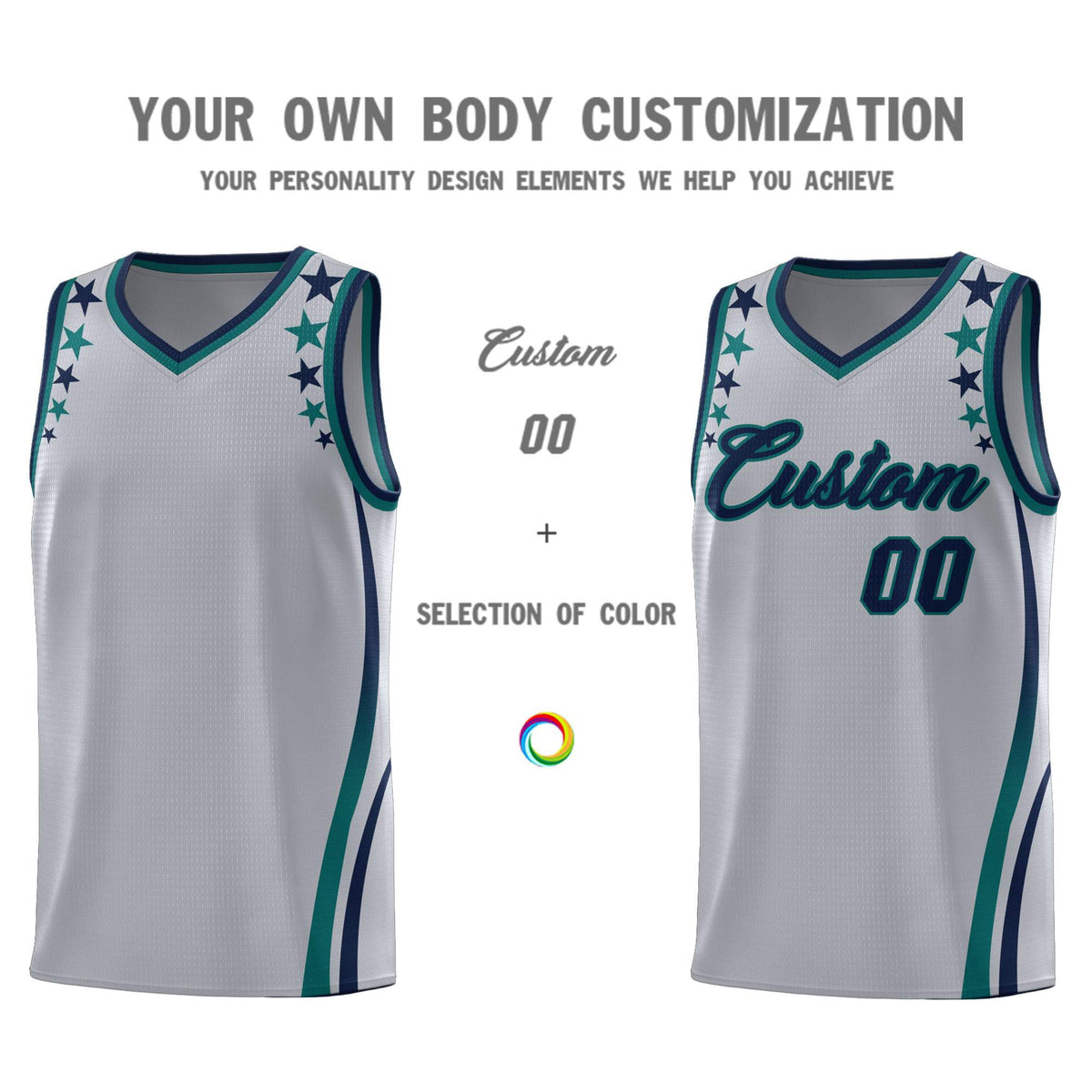 Custom Gray Shoulders Star Pattern Side Color Block Sports Uniform Basketball Jersey|KXKSHOP