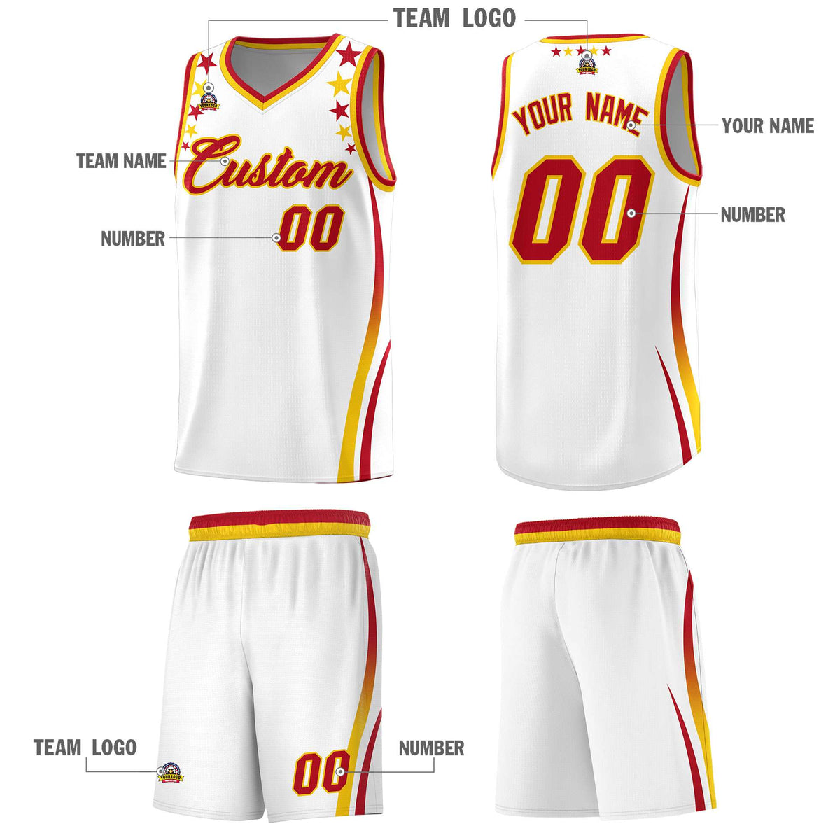 Custom White Shoulders Star Pattern Side Color Block Sports Uniform Basketball Jersey|KXKSHOP