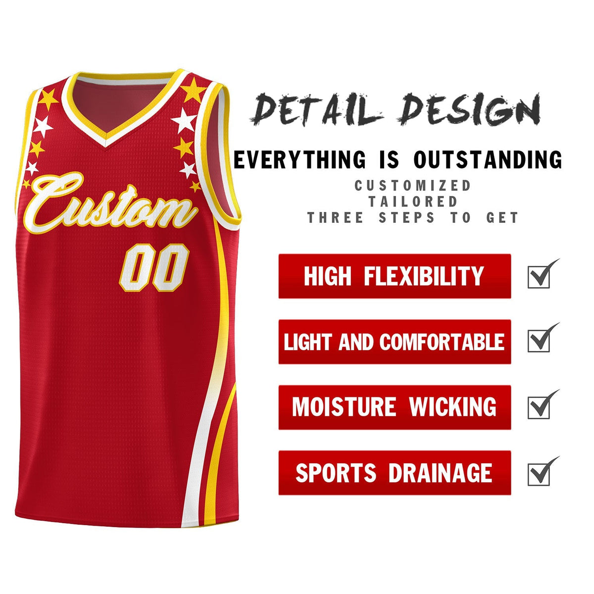 Custom Red Shoulders Star Pattern Side Color Block Sports Uniform Basketball Jersey|KXKSHOP