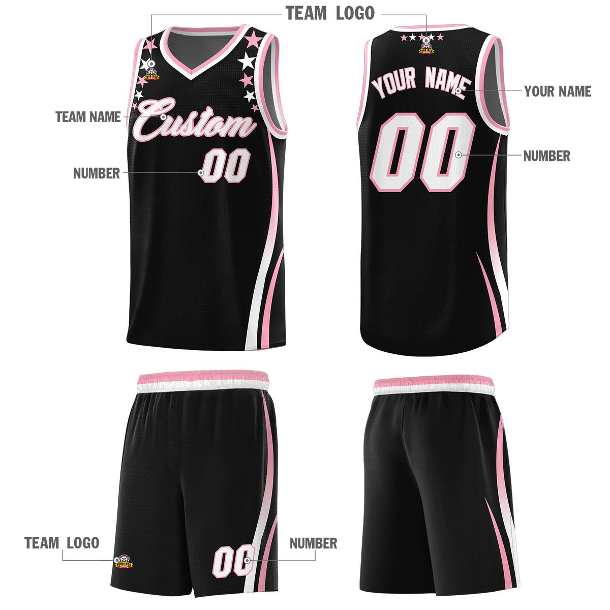 Custom Black Shoulders Star Pattern Side Color Block Sports Uniform Basketball Jersey|KXKSHOP