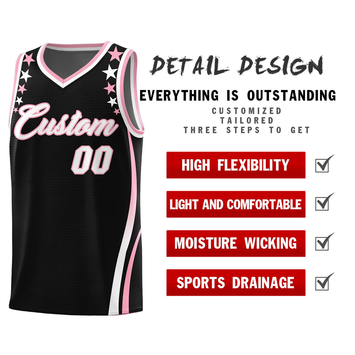 Custom Black Shoulders Star Pattern Side Color Block Sports Uniform Basketball Jersey|KXKSHOP