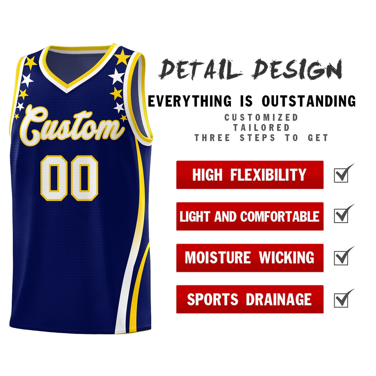 Custom Navy Shoulders Star Pattern Side Color Block Sports Uniform Basketball Jersey|KXKSHOP