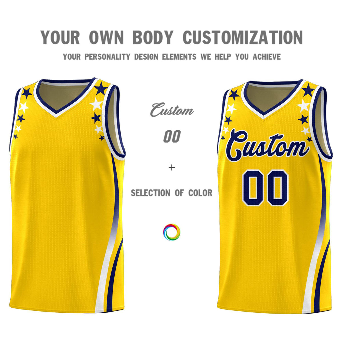Custom Gold Shoulders Star Pattern Side Color Block Sports Uniform Basketball Jersey|KXKSHOP