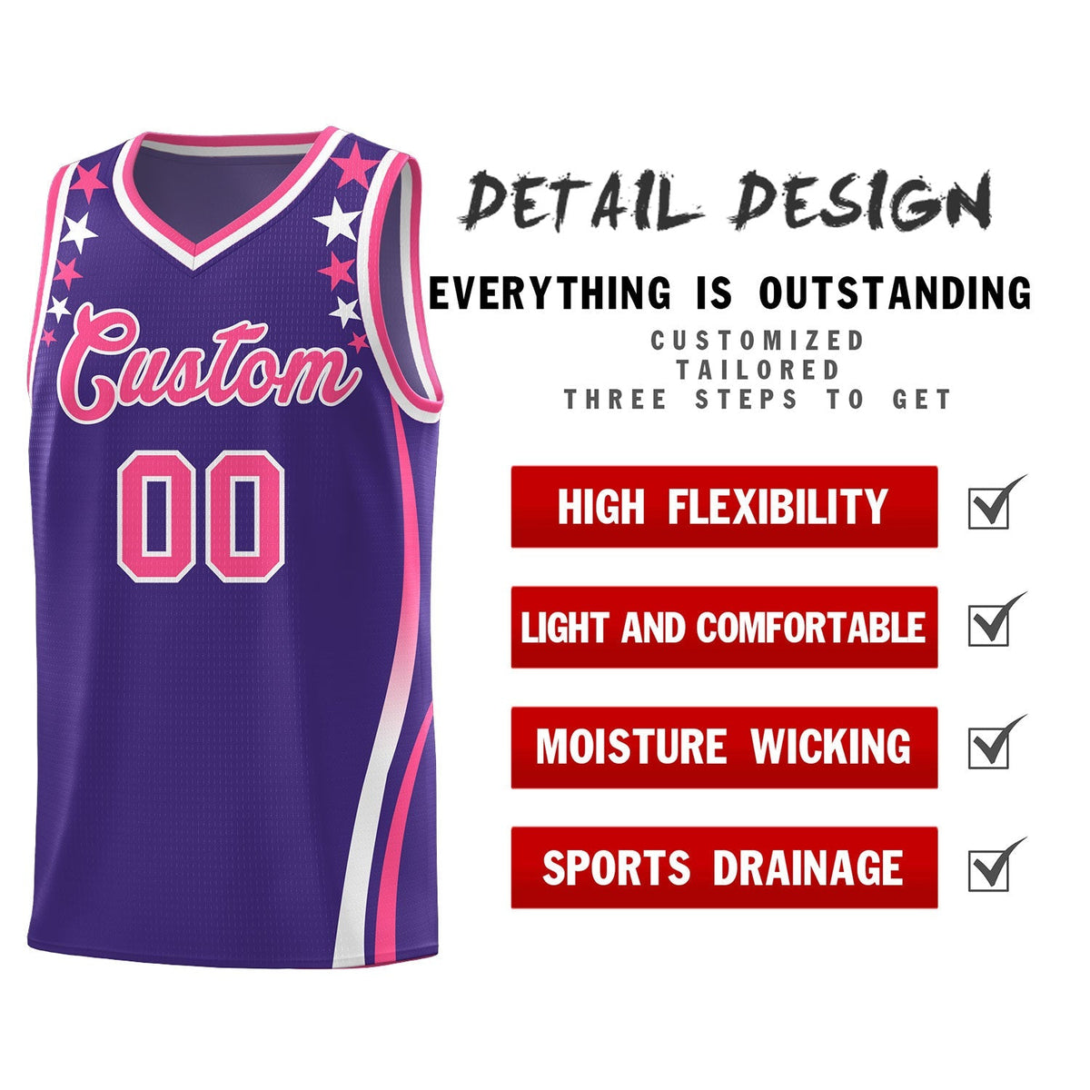 Custom Purple Shoulders Star Pattern Side Color Block Sports Uniform Basketball Jersey|KXKSHOP