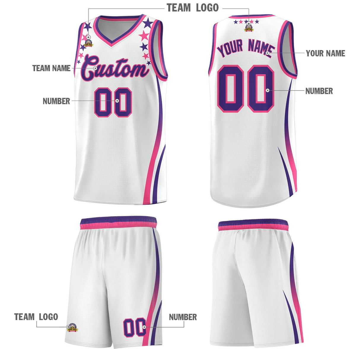 Custom White Shoulders Star Pattern Side Color Block Sports Uniform Basketball Jersey|KXKSHOP
