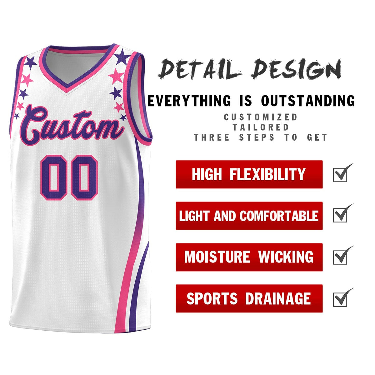 Custom White Shoulders Star Pattern Side Color Block Sports Uniform Basketball Jersey|KXKSHOP