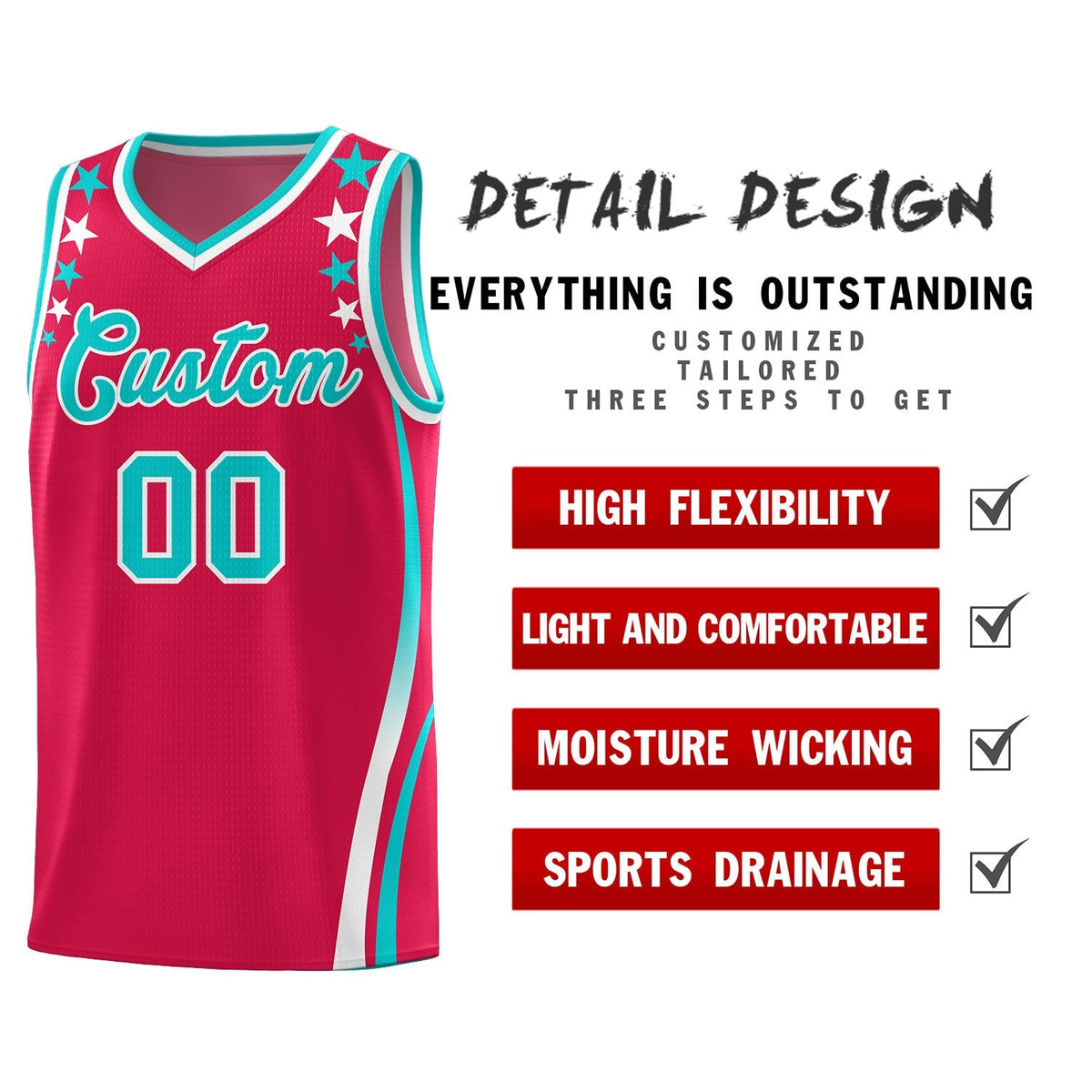 Custom Red Shoulders Star Pattern Side Color Block Sports Uniform Basketball Jersey|KXKSHOP