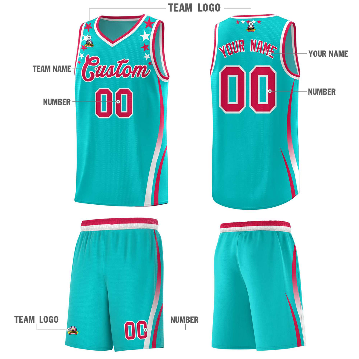 Custom Sky Blue Shoulders Star Pattern Side Color Block Sports Uniform Basketball Jersey|KXKSHOP