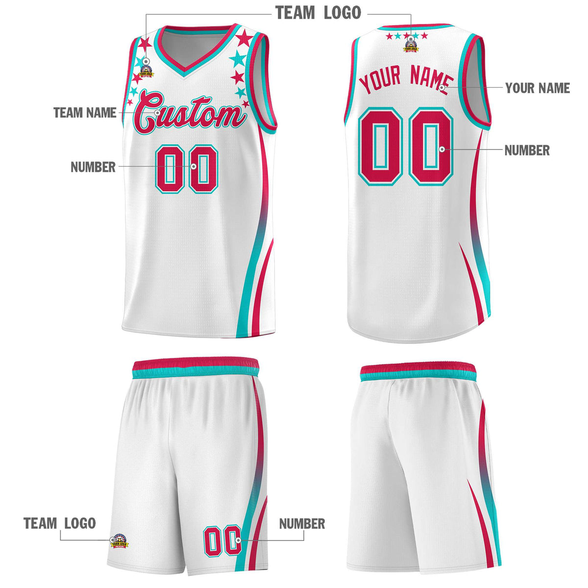 Custom White Shoulders Star Pattern Side Color Block Sports Uniform Basketball Jersey|KXKSHOP