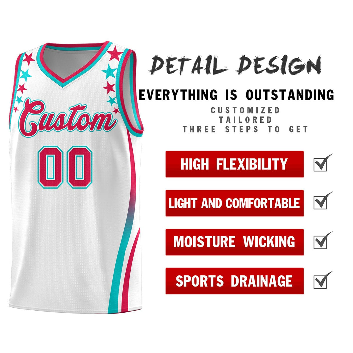 Custom White Shoulders Star Pattern Side Color Block Sports Uniform Basketball Jersey|KXKSHOP