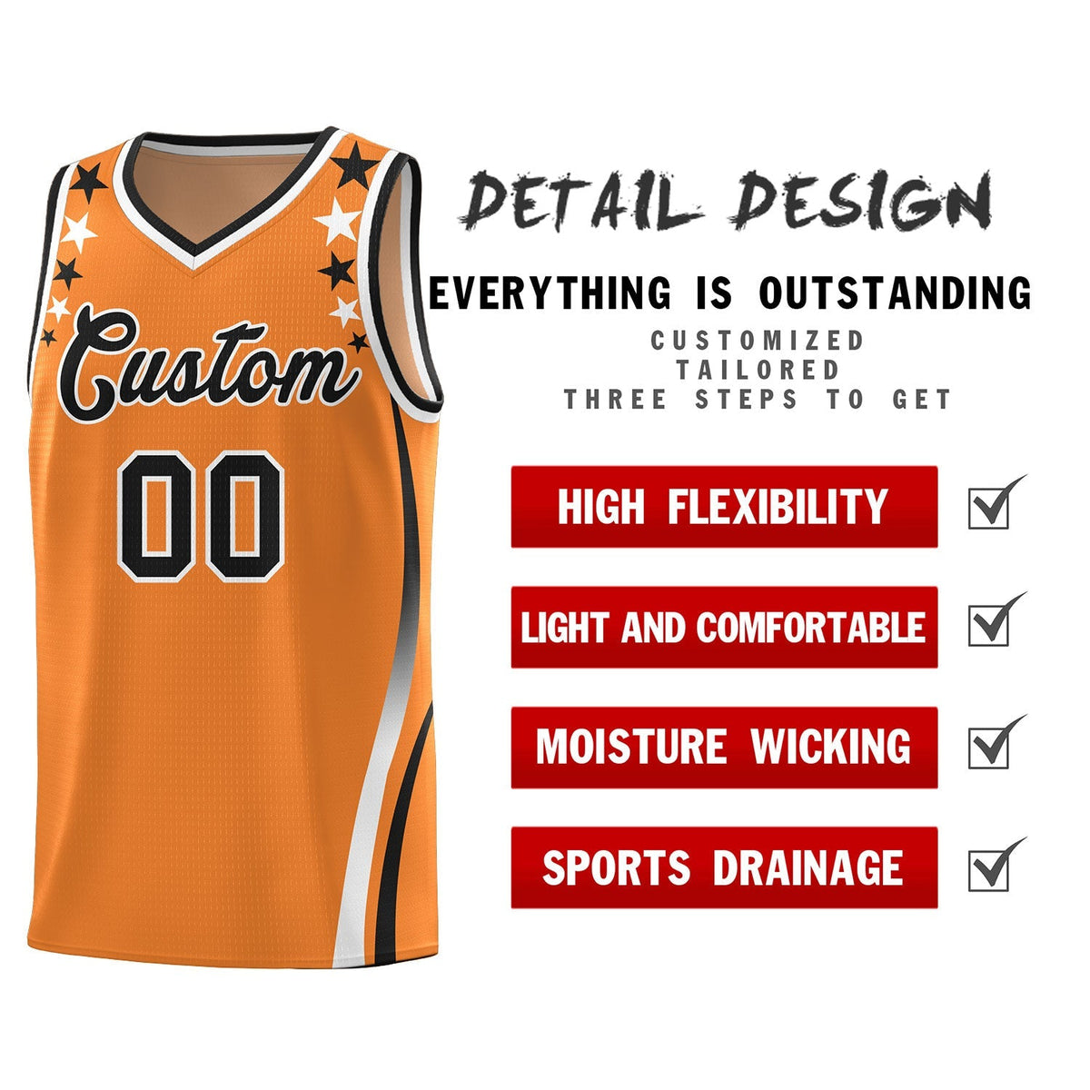 Custom Orange Shoulders Star Pattern Side Color Block Sports Uniform Basketball Jersey|KXKSHOP