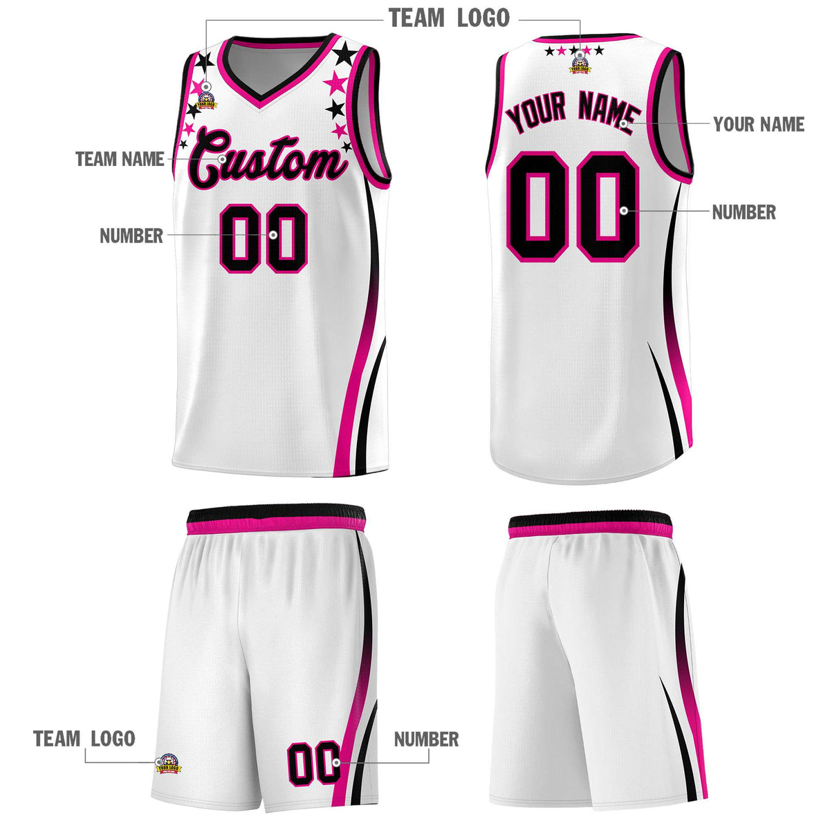 Custom White Shoulders Star Pattern Side Color Block Sports Uniform Basketball Jersey|KXKSHOP