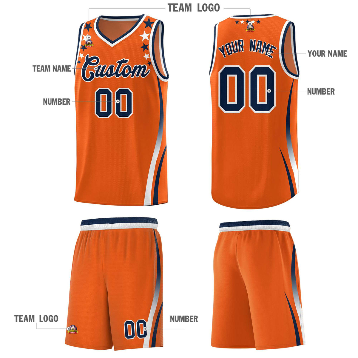 Custom Orange Shoulders Star Pattern Side Color Block Sports Uniform Basketball Jersey|KXKSHOP