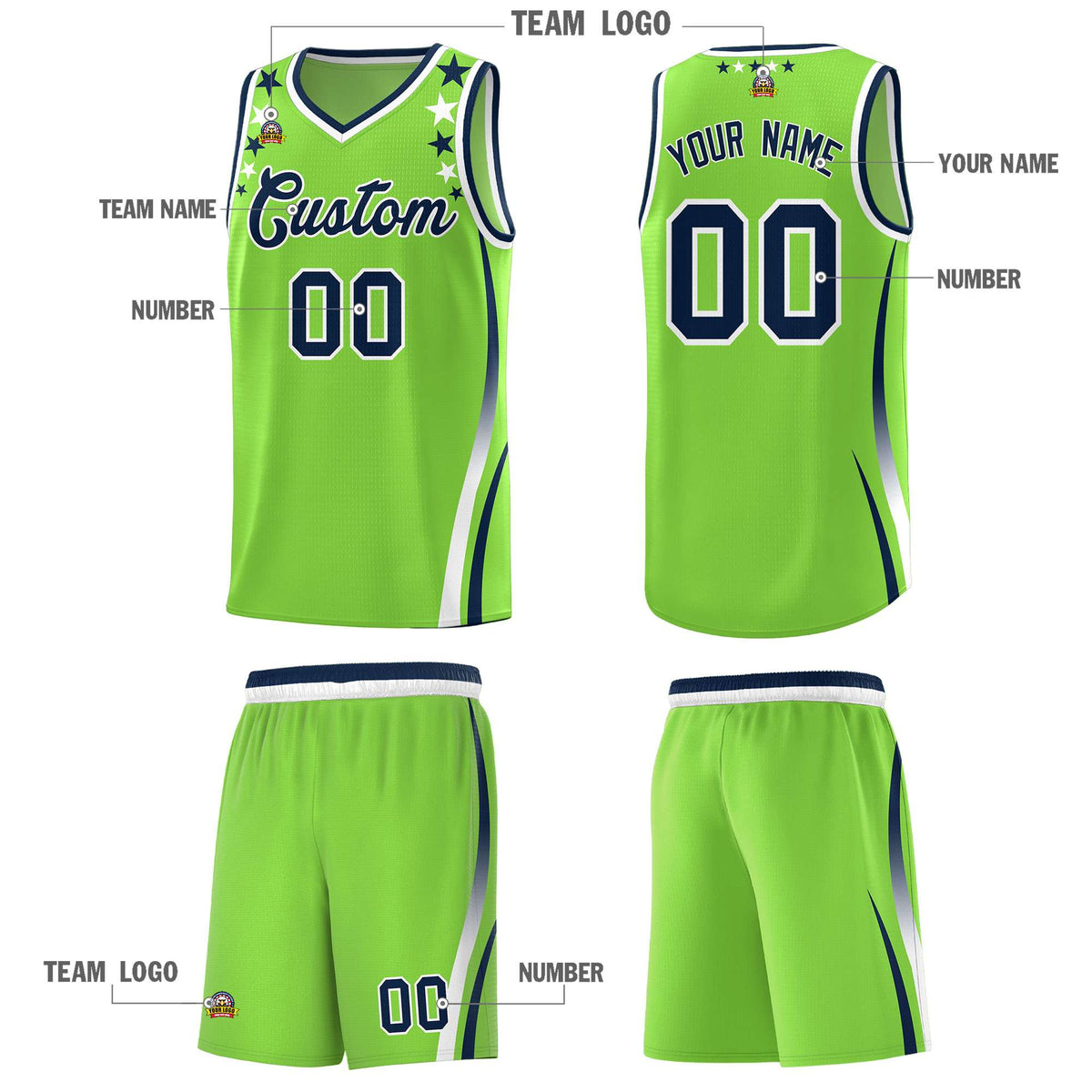 Custom Neon Green Shoulders Star Pattern Side Color Block Sports Uniform Basketball Jersey|KXKSHOP