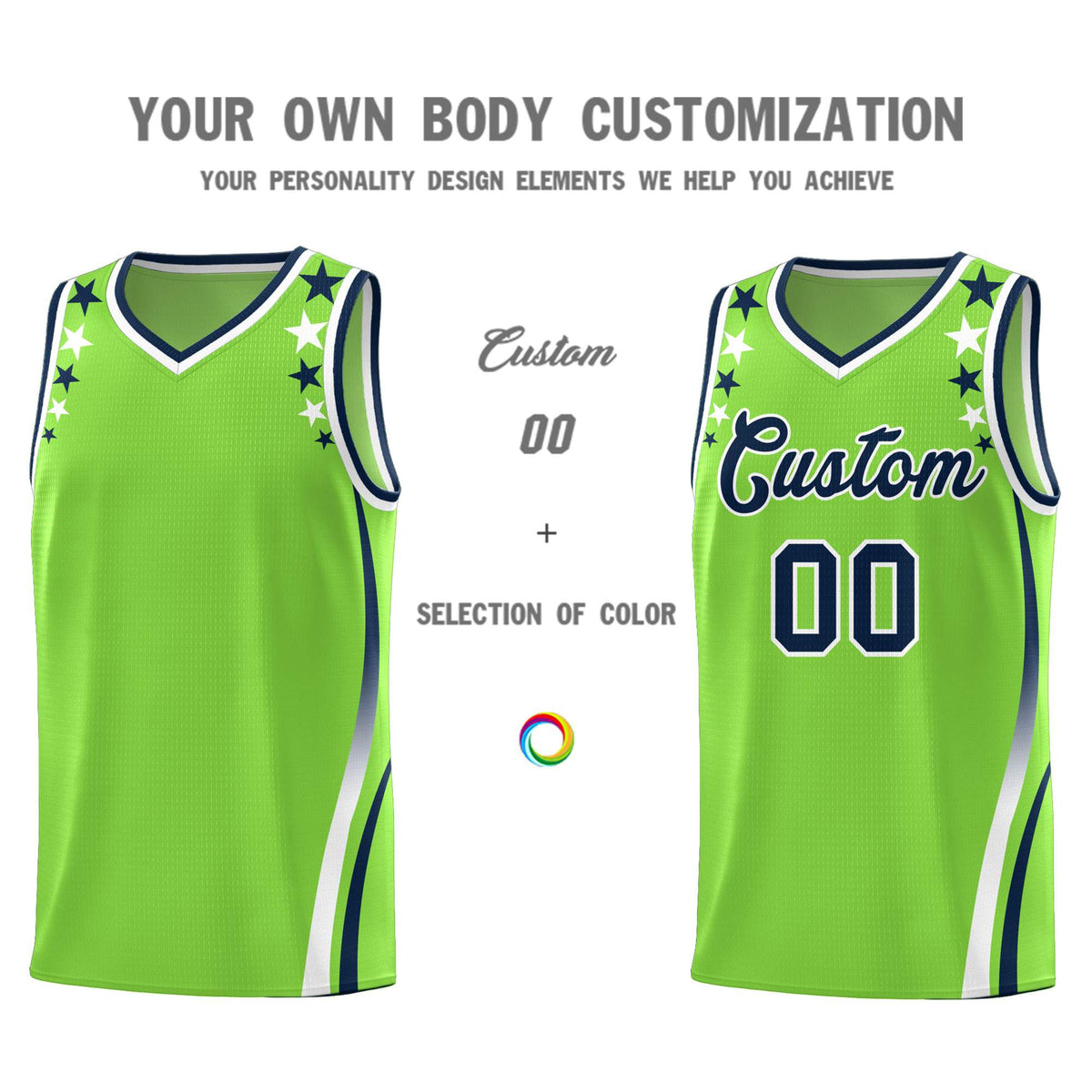 Custom Neon Green Shoulders Star Pattern Side Color Block Sports Uniform Basketball Jersey|KXKSHOP