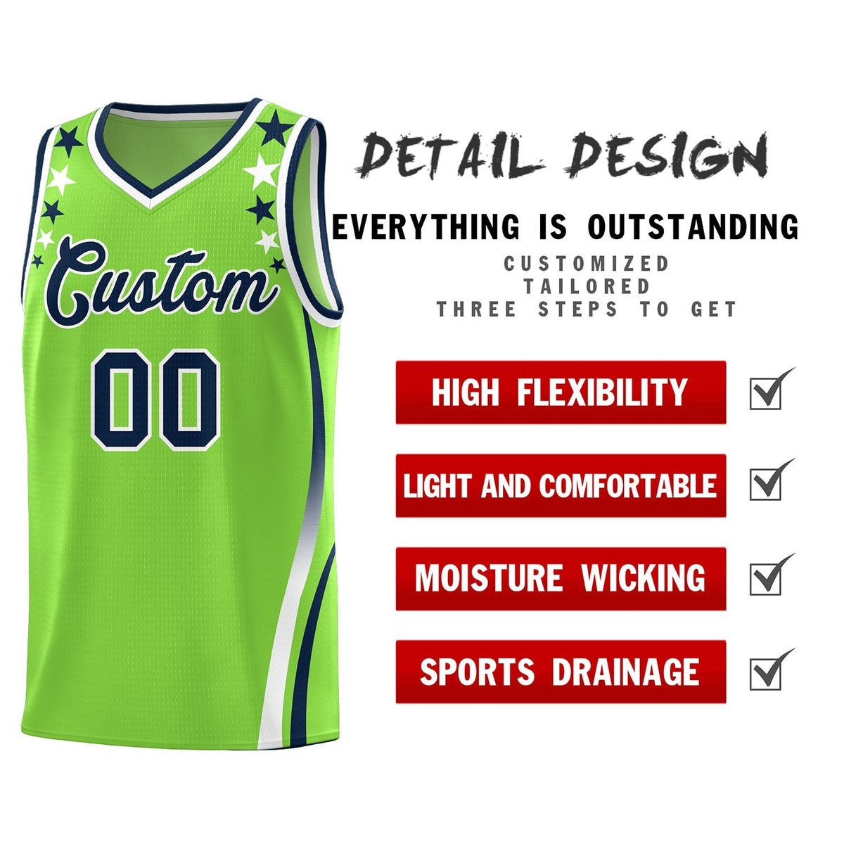 Custom Neon Green Shoulders Star Pattern Side Color Block Sports Uniform Basketball Jersey|KXKSHOP