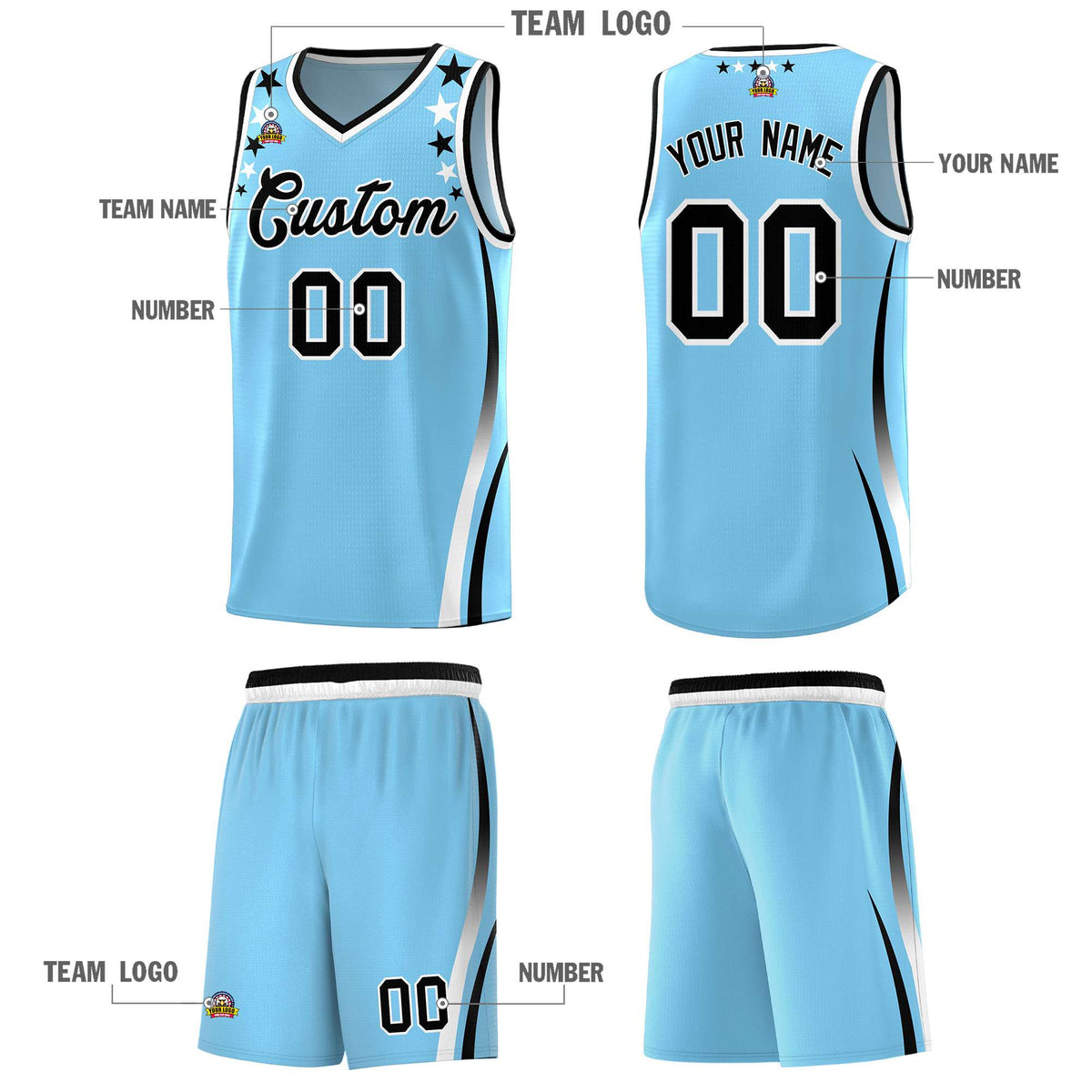 Custom Light Blue Shoulders Star Pattern Side Color Block Sports Uniform Basketball Jersey|KXKSHOP