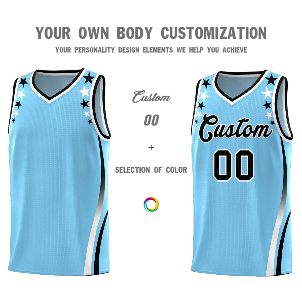 Custom Light Blue Shoulders Star Pattern Side Color Block Sports Uniform Basketball Jersey|KXKSHOP