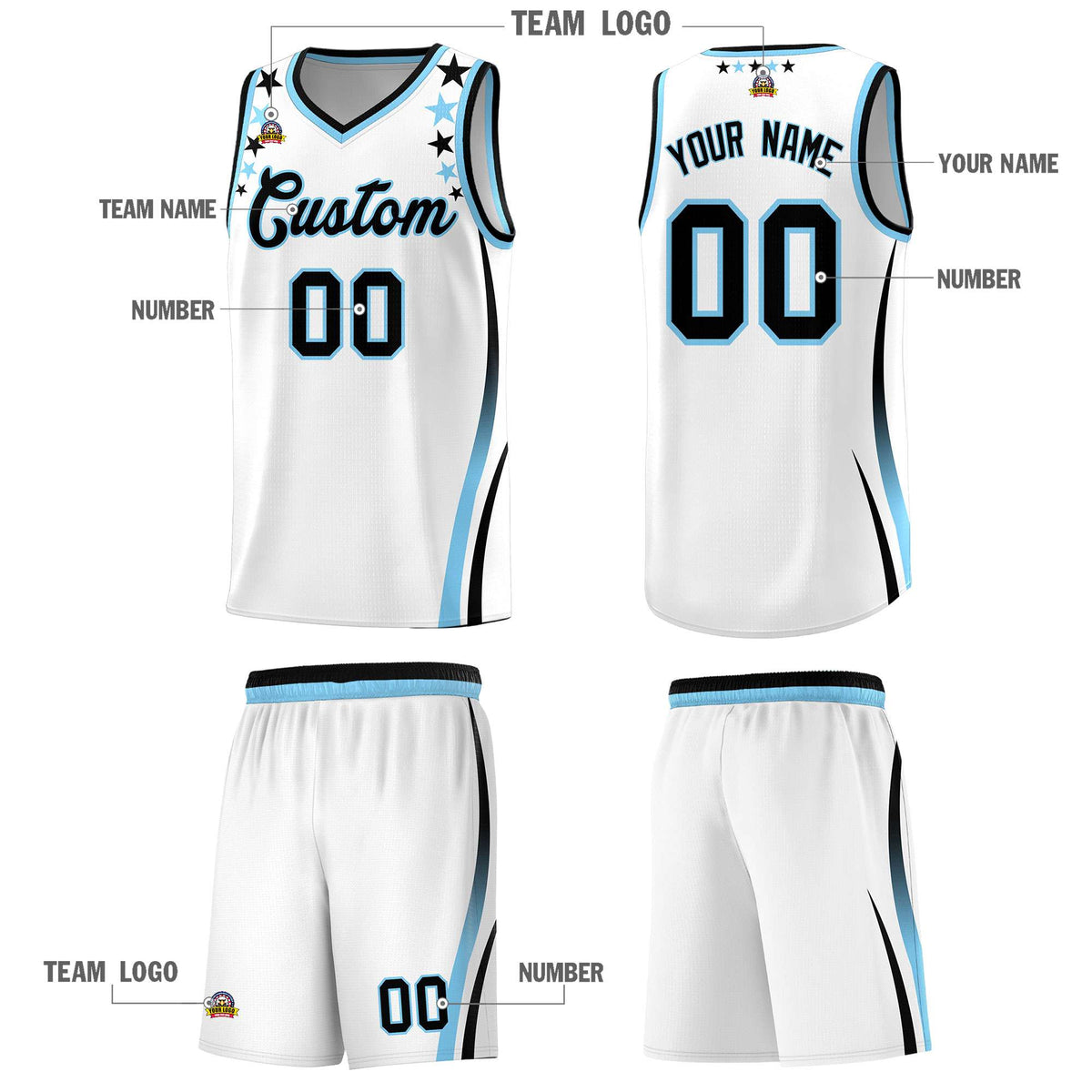 Custom White Shoulders Star Pattern Side Color Block Sports Uniform Basketball Jersey|KXKSHOP