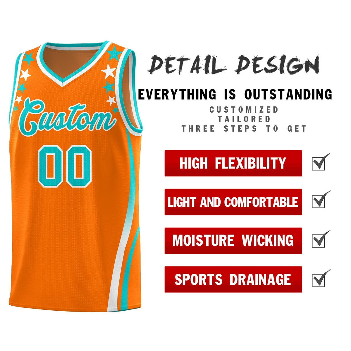 Custom Orange Shoulders Star Pattern Side Color Block Sports Uniform Basketball Jersey|KXKSHOP
