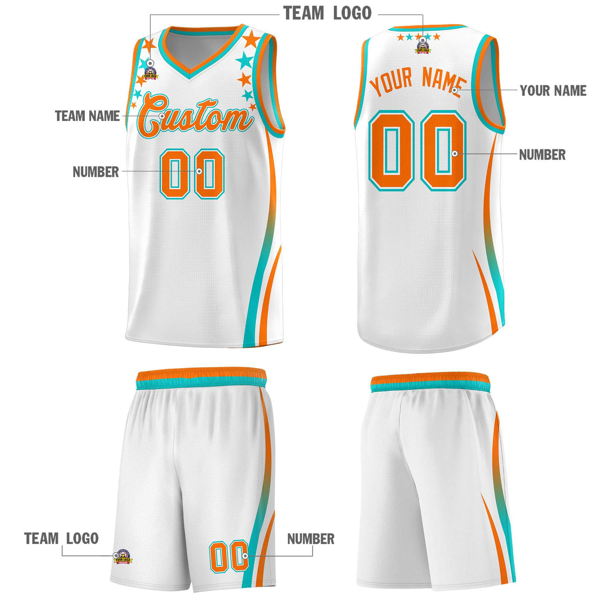 Custom White Shoulders Star Pattern Side Color Block Sports Uniform Basketball Jersey|KXKSHOP