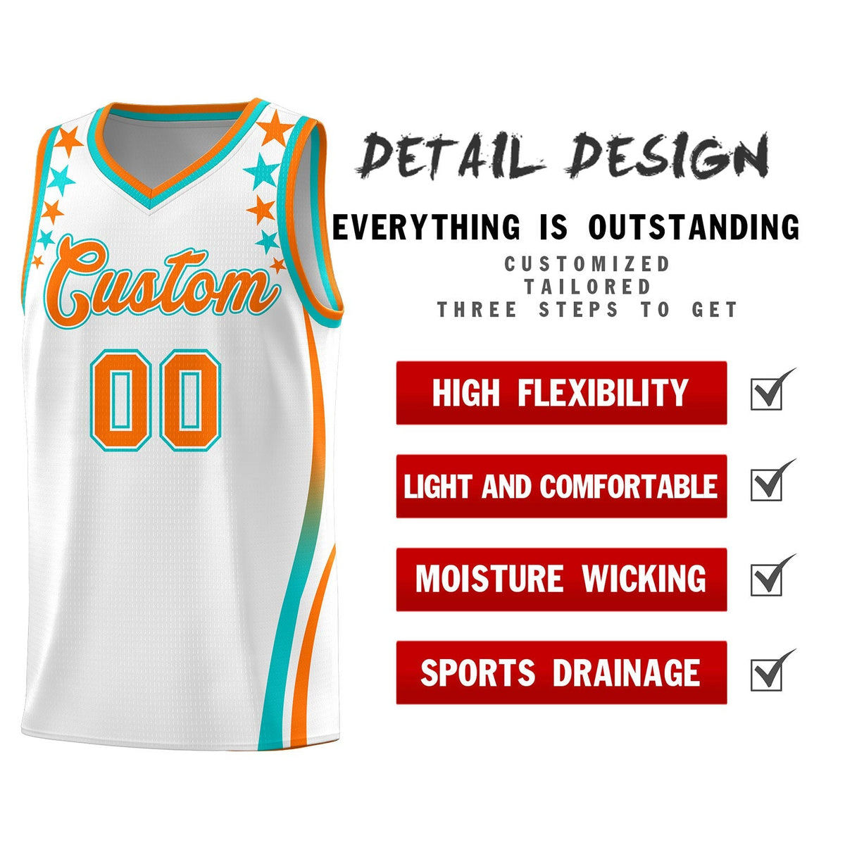 Custom White Shoulders Star Pattern Side Color Block Sports Uniform Basketball Jersey|KXKSHOP