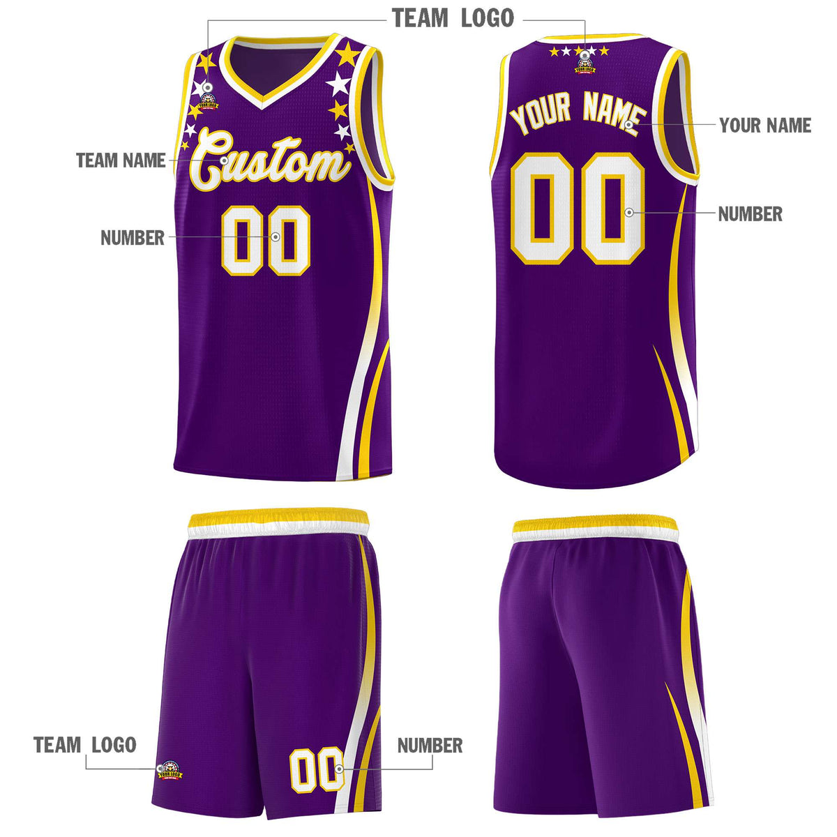 Custom Purple Shoulders Star Pattern Side Color Block Sports Uniform Basketball Jersey|KXKSHOP