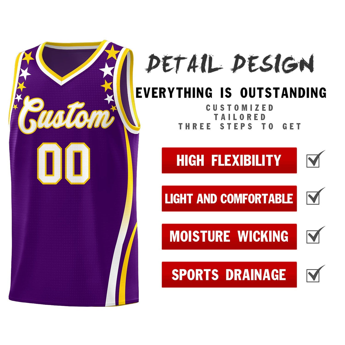 Custom Purple Shoulders Star Pattern Side Color Block Sports Uniform Basketball Jersey|KXKSHOP