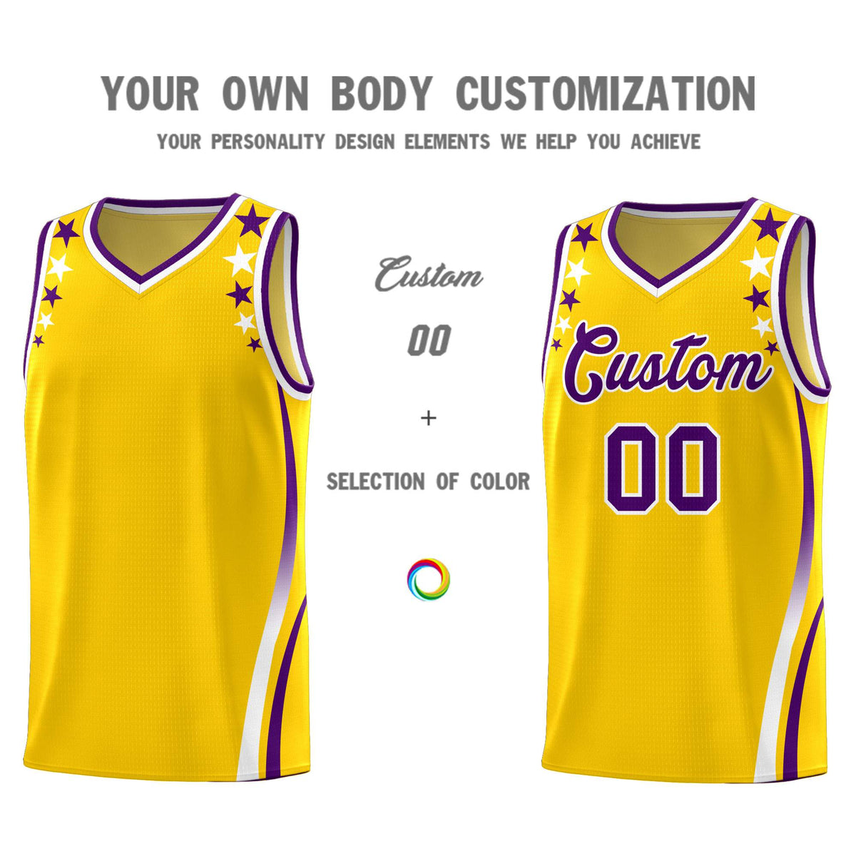 Custom Gold Shoulders Star Pattern Side Color Block Sports Uniform Basketball Jersey|KXKSHOP