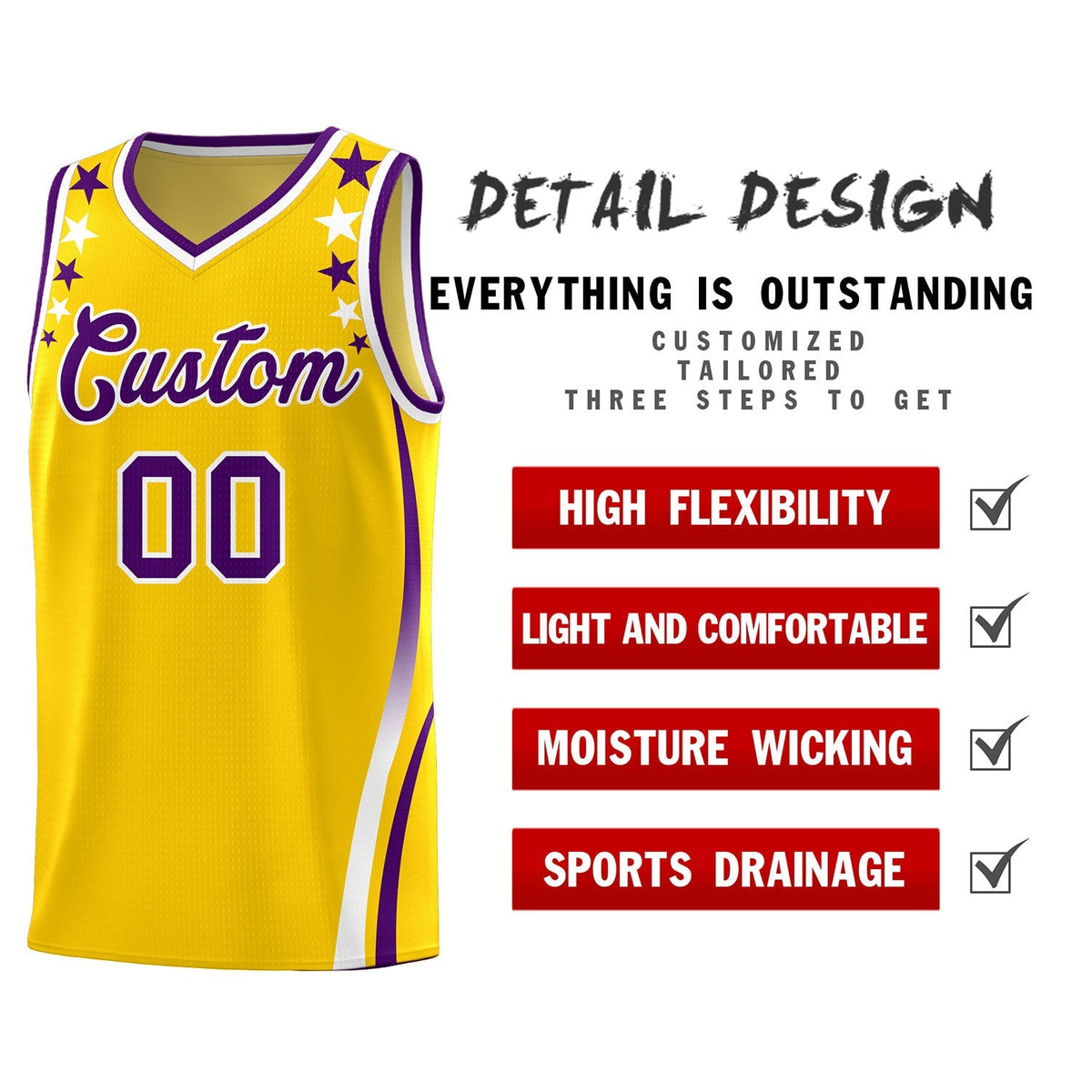 Custom Gold Shoulders Star Pattern Side Color Block Sports Uniform Basketball Jersey|KXKSHOP