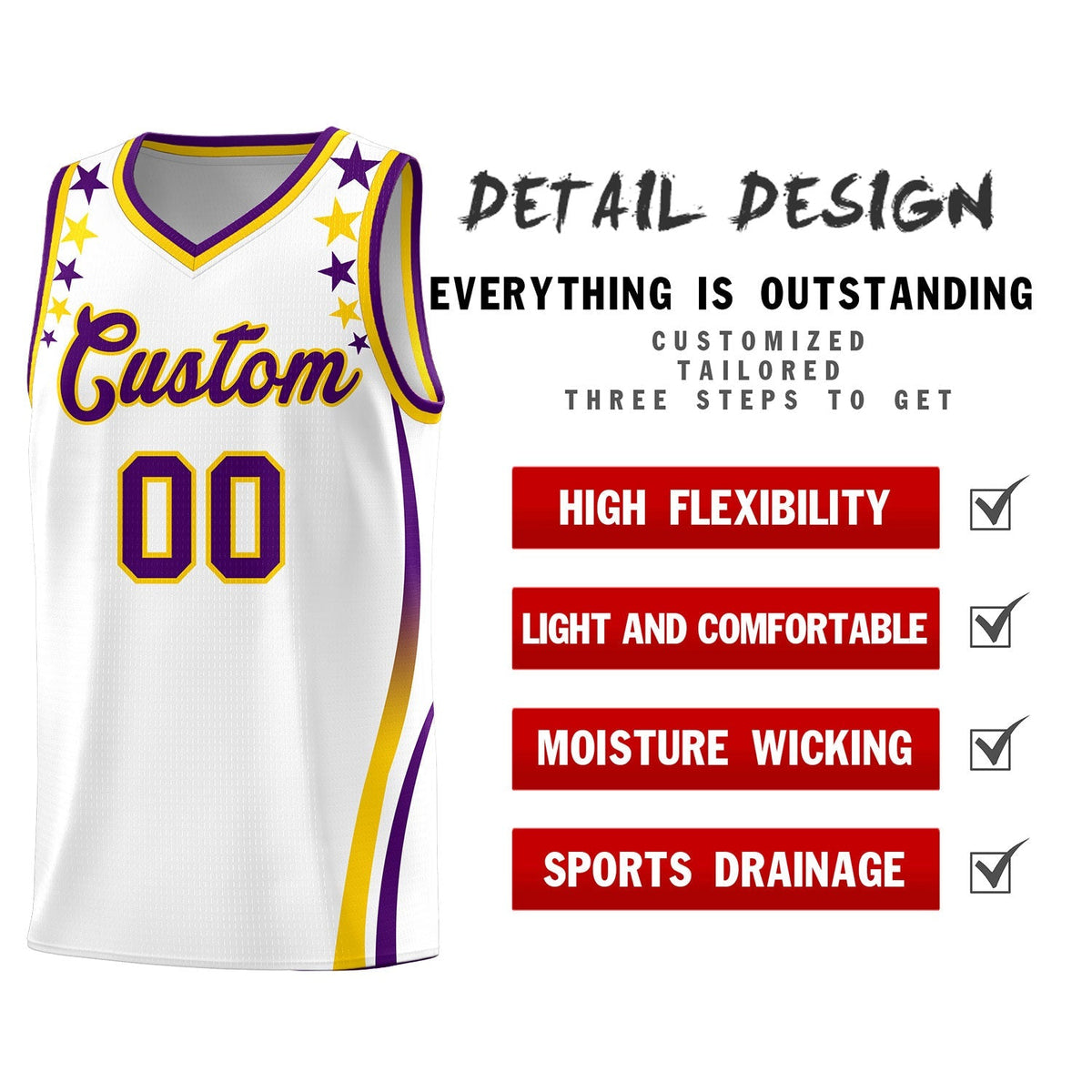 Custom White Shoulders Star Pattern Side Color Block Sports Uniform Basketball Jersey|KXKSHOP