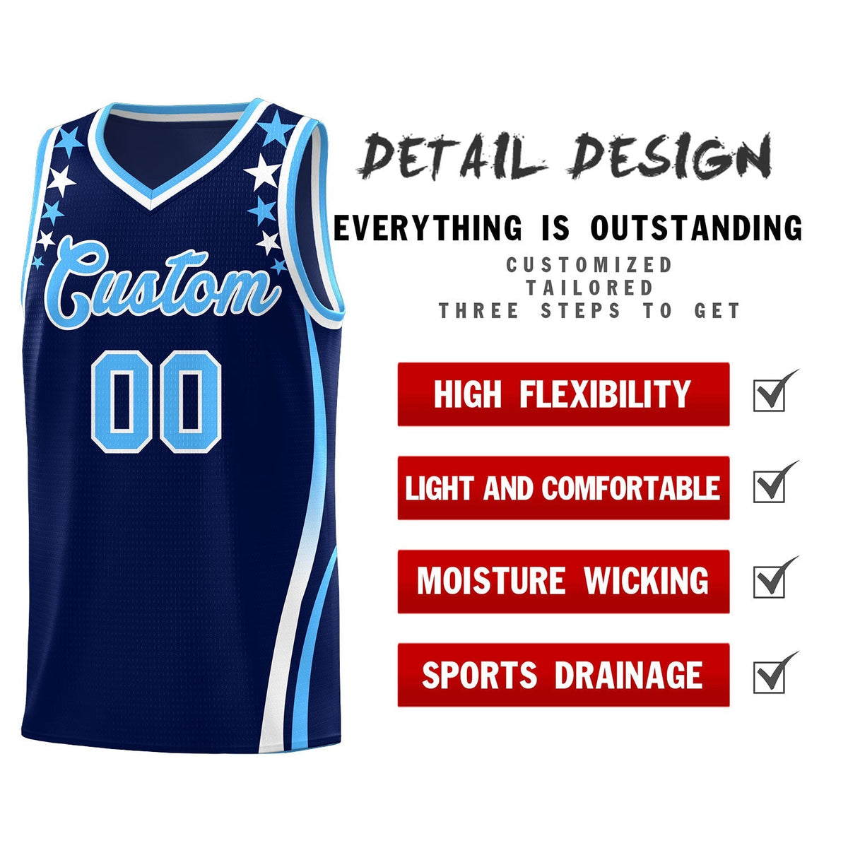 Custom Navy Shoulders Star Pattern Side Color Block Sports Uniform Basketball Jersey|KXKSHOP