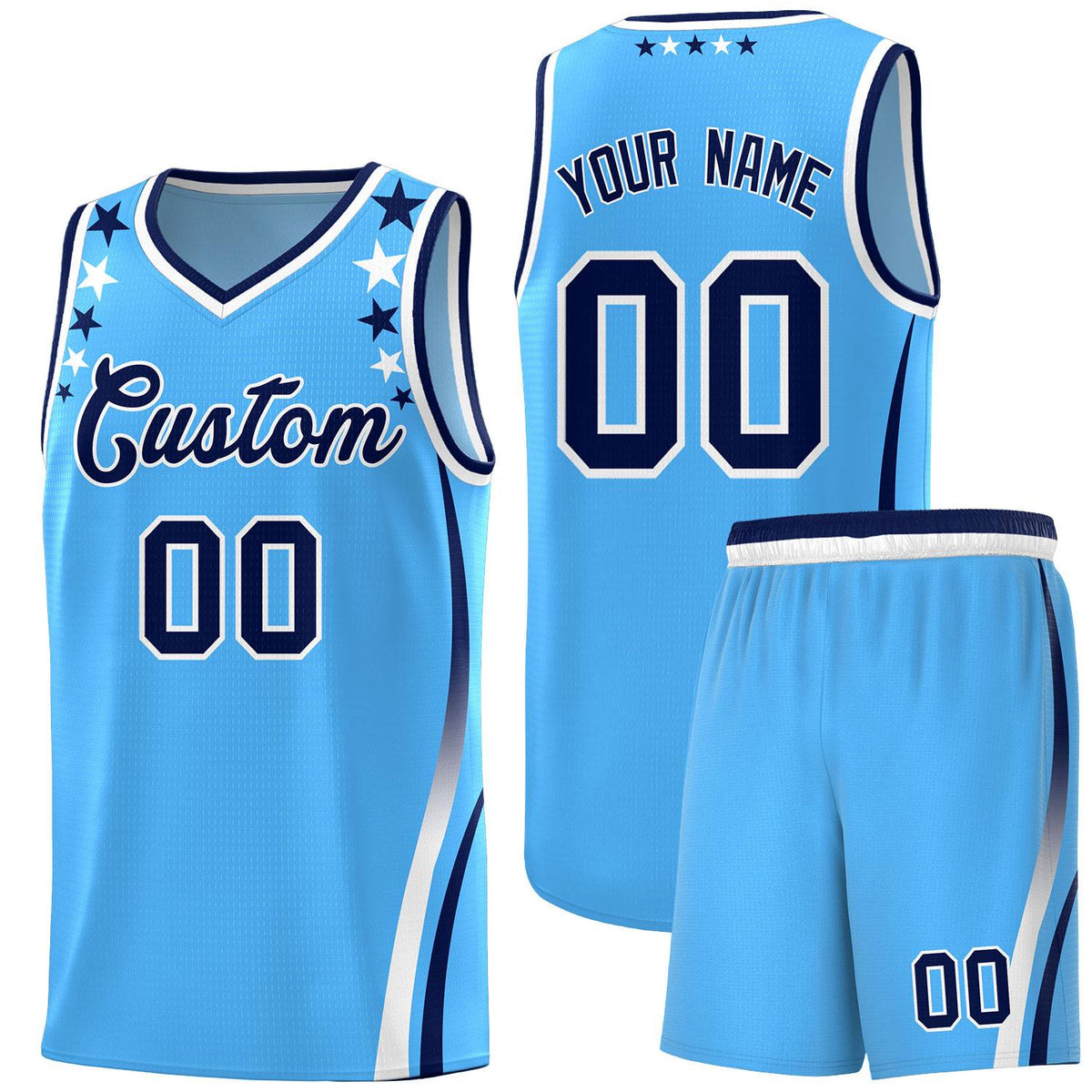 Custom Light Blue Shoulders Star Pattern Side Color Block Sports Uniform Basketball Jersey|KXKSHOP